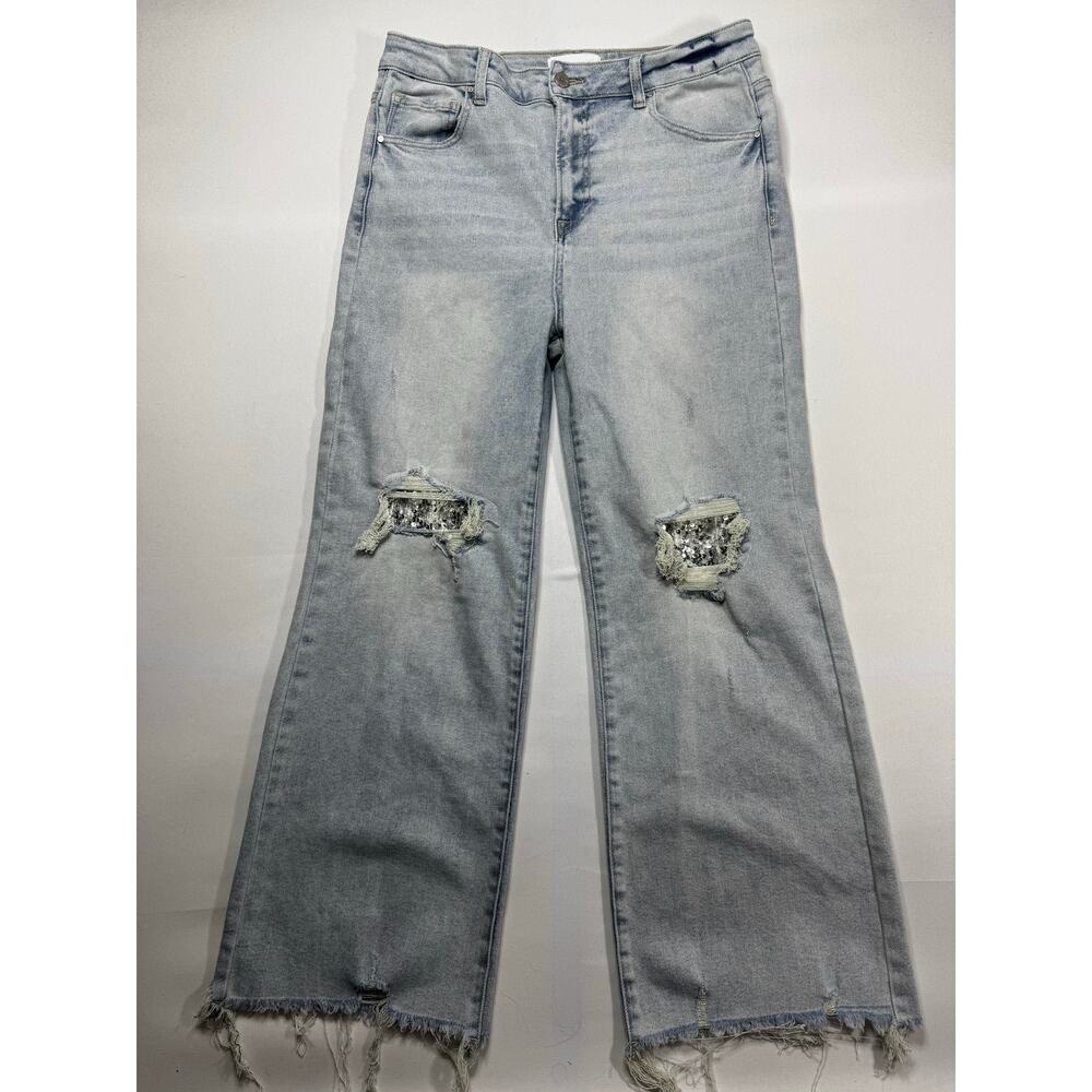 Risen Jeans Women's Sequin Peek-A Boo Wide Leg Stretch Denim Jeans - 15 (32x28)